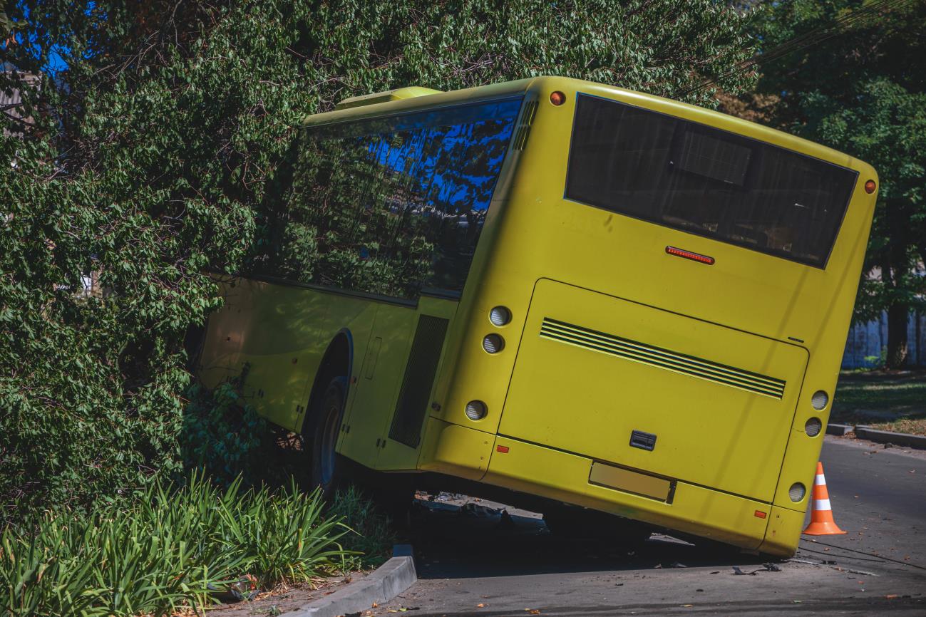 Yellow bus crashed off the road into roadside bushes