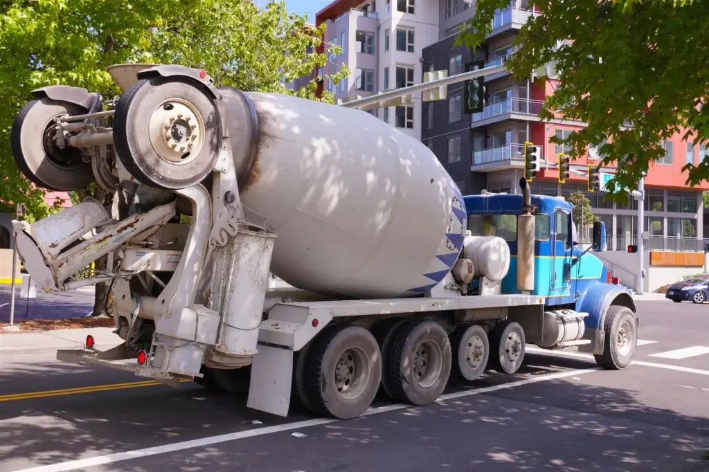Concrete mixer truck in city traffic
