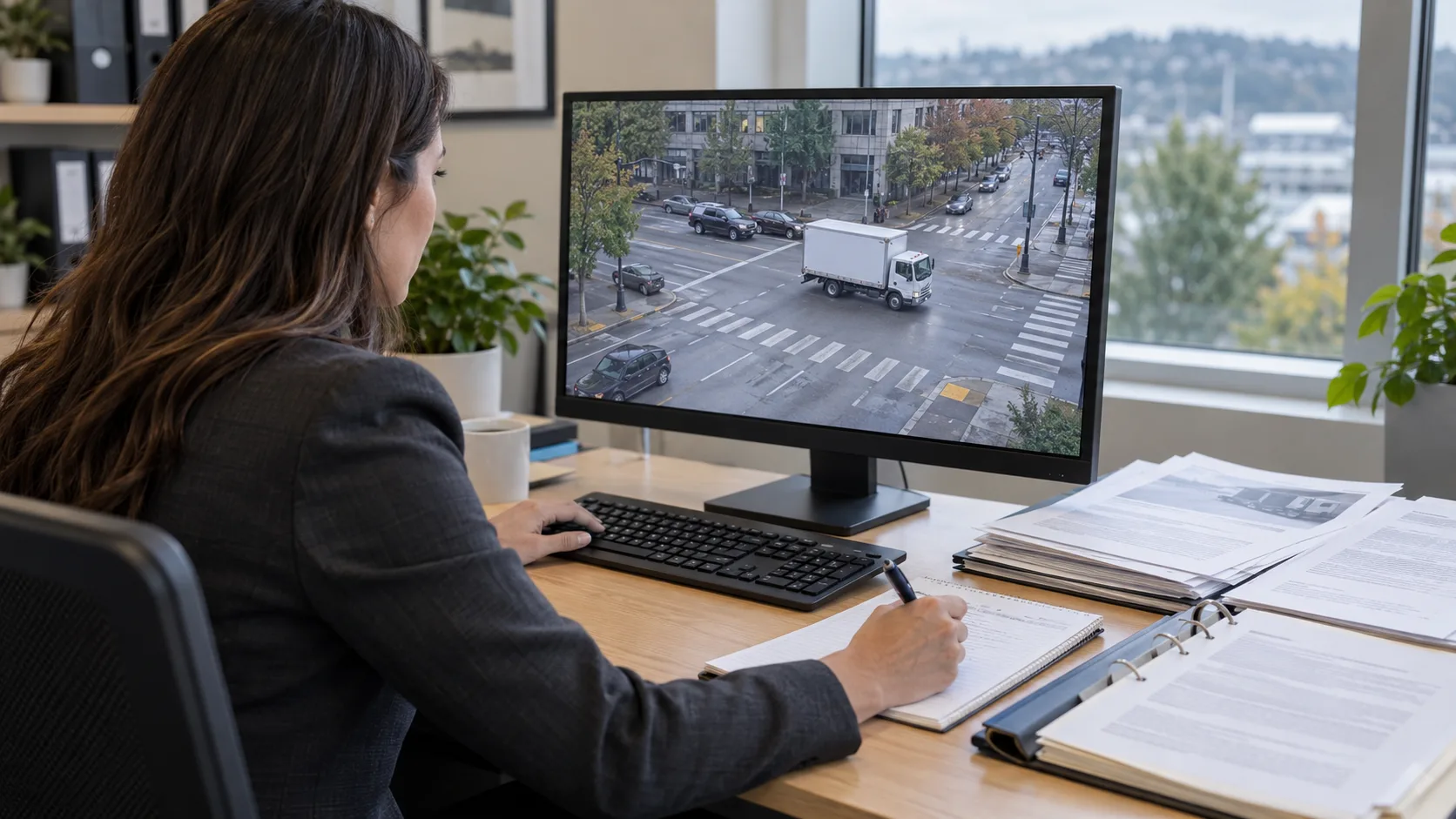 Attorney reviewing intersection traffic footage of a box truck while taking notes on a pedestrian case