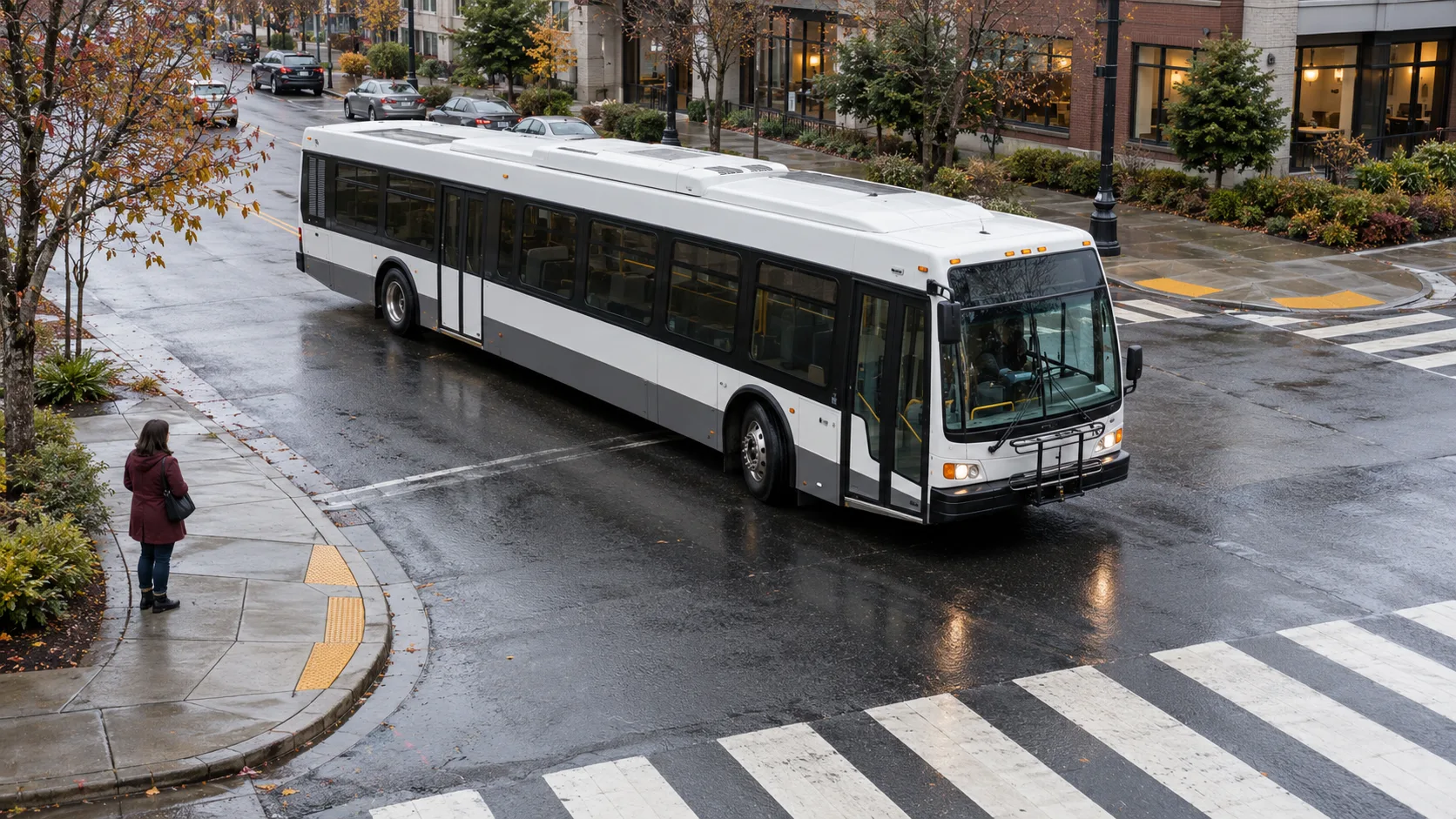 Transit bus making a wide turn through a wet intersection as a pedestrian waits at the corner